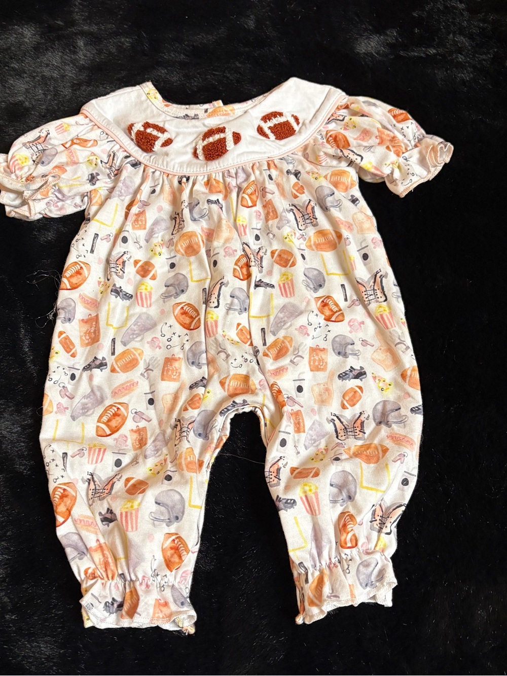 Girls' Cream & Orange Football Print One-Piece Romper